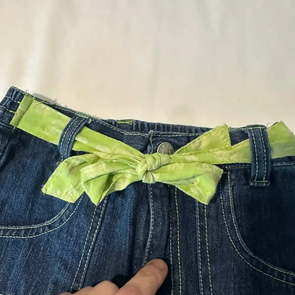 Vintage B.T. Kids Flower Embroidered Denim Jeans w/ Green Fabric Belt Sz 5T
